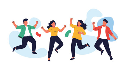 Group of four happy young people jump and dance in the air together against a vibrant and colorful abstract background.