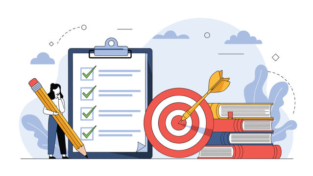 Strategy and planning concept shows a woman with a pencil standing by a target, checklist, and a stack of colorful books.