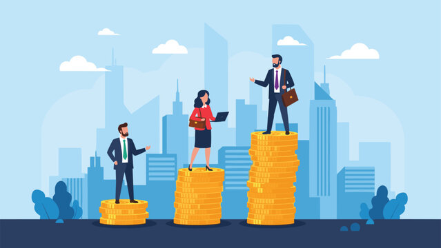 Business professionals standing on stacks of gold coins of varying heights representing income inequality and success.