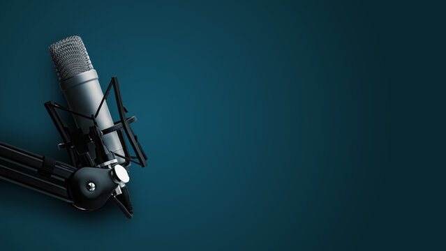 Podcast recording studio with microphone and equipment set up for live session