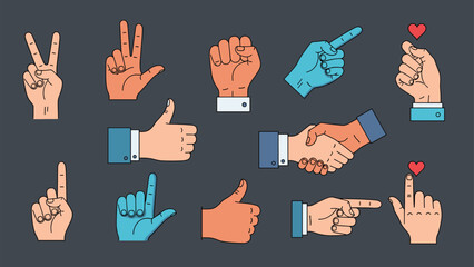 Fototapeta premium Collection of various hand gesture icons including thumbs up, peace sign, handshake, fist, and pointing fingers for communication.