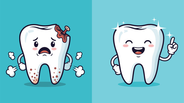 Dental health comparison showing a sad damaged tooth with a cavity and a happy clean shining tooth pointing up for dental care.