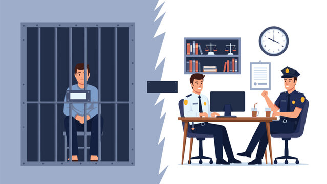 Conceptual illustration contrasting a man behind bars in a prison cell and police officers working at an office.