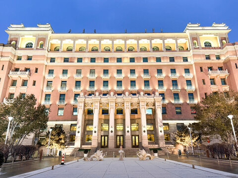 Beijing, China - January 17, 2026: The facade of the Beijing Hotel NUO, housed in an elegant historic mansion built in the French colonial style.