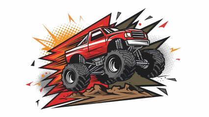 Bold red monster truck illustration with dynamic graphic elements isolated © Muh