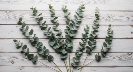 Eucalyptus Leaves Arranged on Wooden Background.