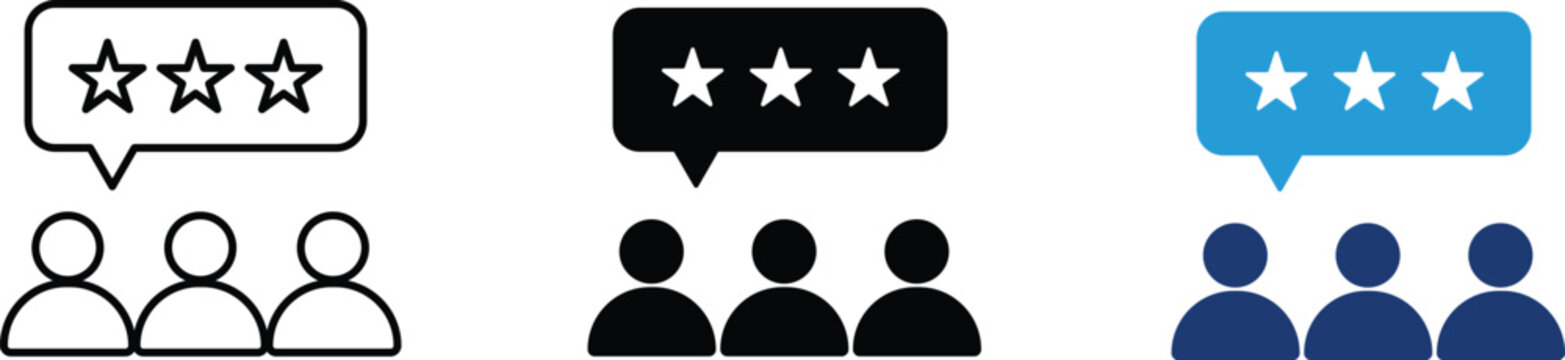 Group of people with star rating speech bubble icon showing customer feedback and user reviews. Business communication illustration for service evaluation, client testimonials, satisfaction surveys
