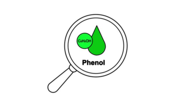 A stylized image of a computer monitor displaying a chemical formula and the word Phenol