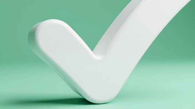 A close-up, minimalist 3D render of a smooth, white checkmark against a soft, teal background