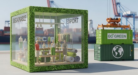 Obraz premium Miniature green vending machine and box in an industrial setting with cranes