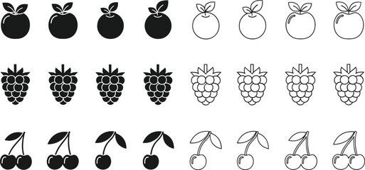 Fototapeta premium Set of Fruit Vector Icons Featuring Apples Raspberries and Cherries in Solid Silhouette and Outline Styles for Food and Grocery Design
