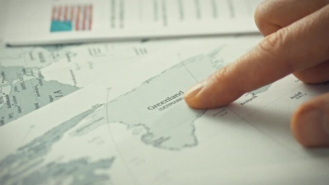An official planner gestures emphatically, pointing to Greenland on a large geography map surrounded by papers with coordinates and markings, indicating a crucial planning stage for a project