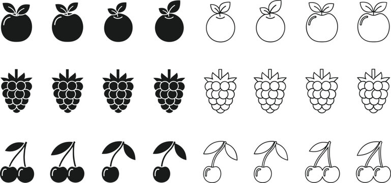 Set of Fruit Vector Icons Featuring Apples Raspberries and Cherries in Solid Silhouette and Outline Styles for Food and Grocery Design