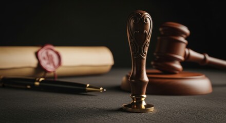 A judicial gavel resting beside a sealed document and wax stamp on a dark surface