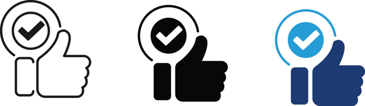 Thumbs up with checkmark icon showing approval and positive feedback. Business communication illustration for customer satisfaction, quality guarantee, verified success, social media likes