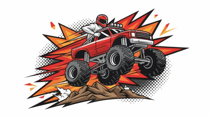 Monster truck jumping over terrain against explosion graphic vector illustration © Muh