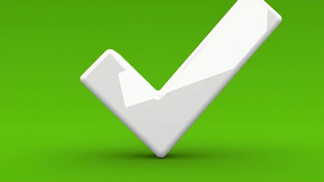 A glossy white checkmark symbol rests on a vibrant green background with a soft shadow