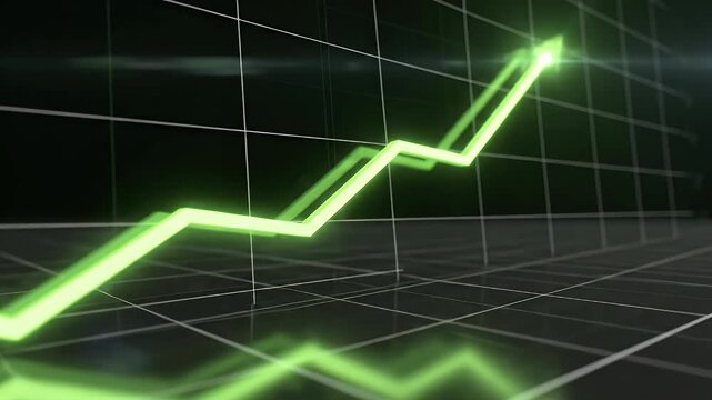 A glowing neon green line graph charts upward trend on a grid