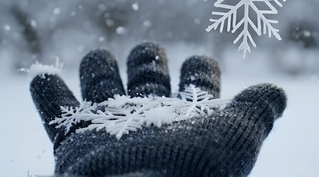 Close up of a wool gloved hand catching delicate snowflakes in winter