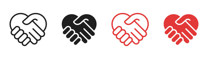 Obraz premium Handshake heart icon set. Vector symbols of friendship, partnership and support. Outline and solid hand shake signs
