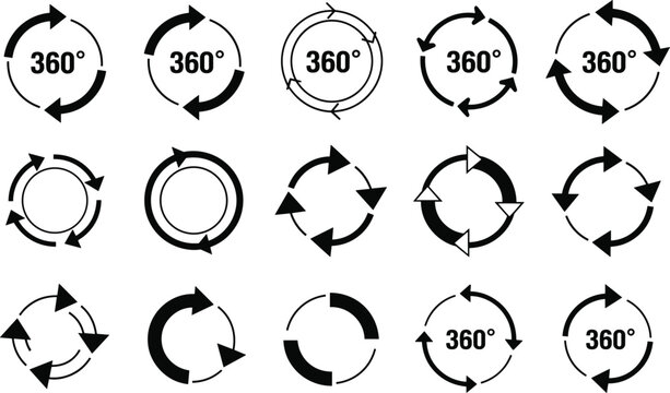 Set of Three Hundred Sixty Degree Rotation Vector Icons Featuring Circular Arrows for Virtual Reality Panoramic Views and Process Cycling