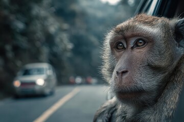 Obraz premium Monkey on the roadside eagerly waiting for food while cars pass by on a rural road during the late afternoon