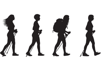 Hikers trekking silhouette group walking with backpacks and trekking poles, outdoor adventure team in profile isolated on white background, travel and hiking concept