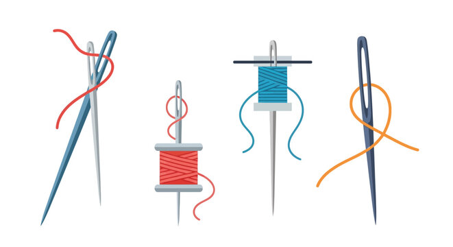 Colorful sewing needles thread and spool illustration on a white background