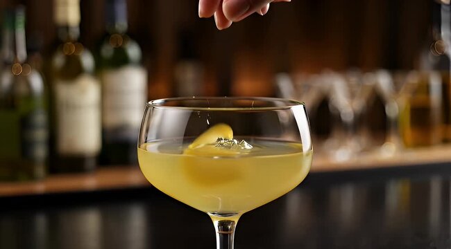Elegant lemon drop cocktail with a twist and a warm bar backdrop