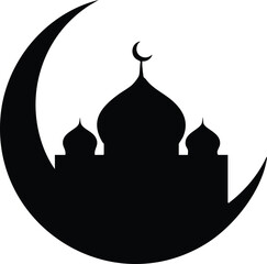 Black silhouette of a mosque with domes and crescent moon on white background islam © JANNATUL FERDOUSH