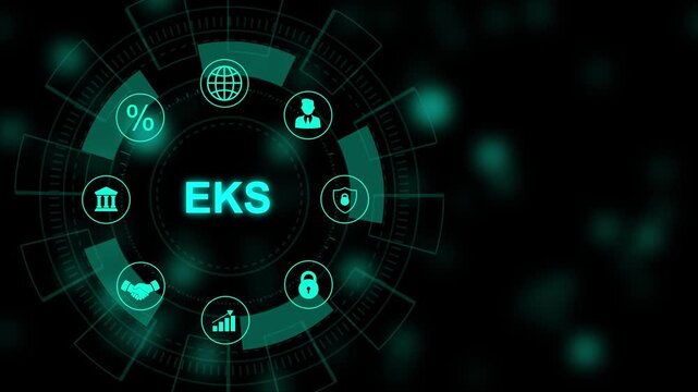 Digital EKS concept. EKS, elastic Kubernetes service, cloud computing, containerization. Business, modern technology, with gears and social media icons 4K animation background.