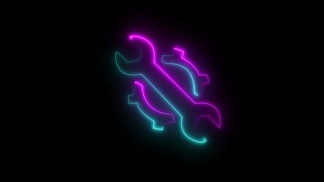 neon line settings icon animation. with gear and wrench on black background.Glowing neon line wrench and gear icon, mechanical Repair tools concept logotype icon. Abstract neon gear and wrench icon.