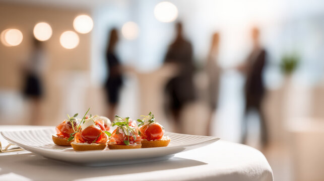 Gourmet canapes served at a sophisticated event with blurred guests in background. Elegant appetizers featuring fresh ingredients are presented on white plate, ready for guests at catered gathering