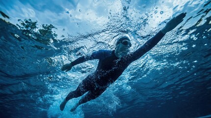 Athlete swimming freestyle underwater with bubbles, symbolizing endurance and drive. Perfect for sports, motivation, and sustainable lifestyle themes.