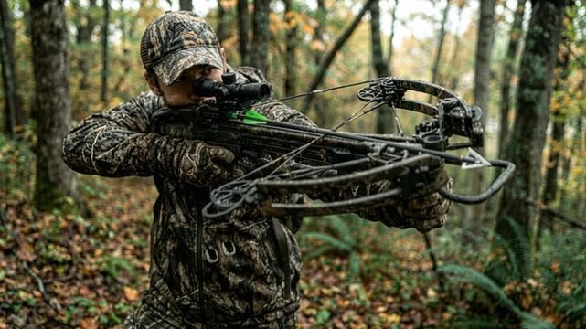 Man in camouflage aiming crossbow in autumn forest. Outdoor sport and hunting lifestyle.