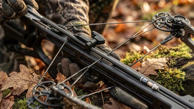Close up of loading crossbow arrow in forest. Archery equipment detail, hunting preparation concept.