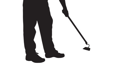 Gardener silhouette holding long-handled hoe tool, standing figure in work boots, isolated black cutout on white background for farming and landscaping design