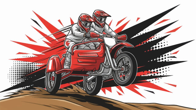 Motocross riders racing on a sidecar motorcycle illustration isolated