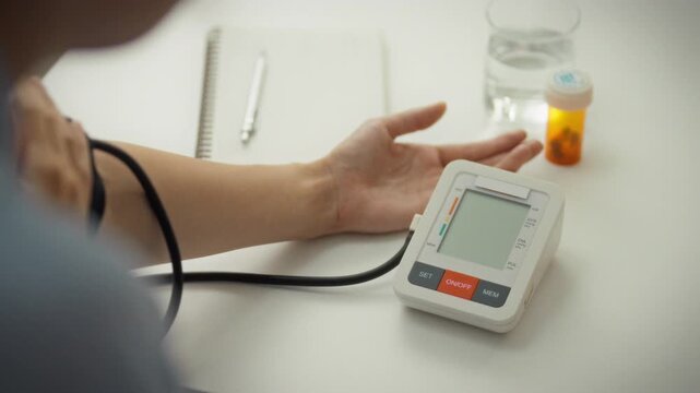 Young girl carefully utilizes electronic tonometer to measure her blood pressure at home, diligently recording readings for personal health monitoring, ensuring accurate medical measurement self-care