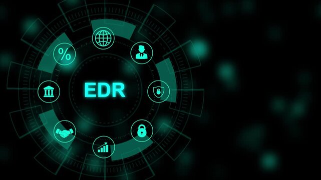 EDR acronym, endpoint detection and response software concept. Business, modern technology, with gears and social media icons 4K animation background.