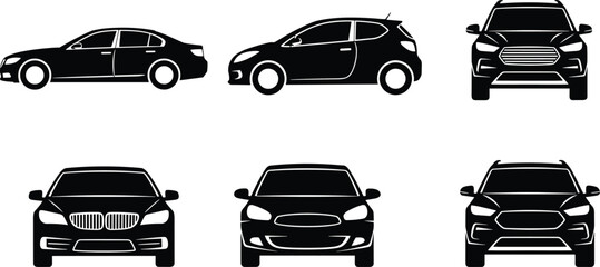 Set of car silhouette icons including sedan, hatchback, and SUV models from front and side views for automotive design and transport.