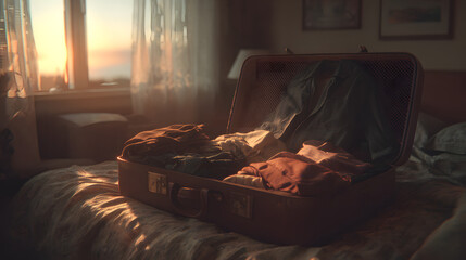 Fototapeta premium Open suitcase on bed, clothes half packed, warm sunset light, quiet departure feeling, cinematic emotional realism