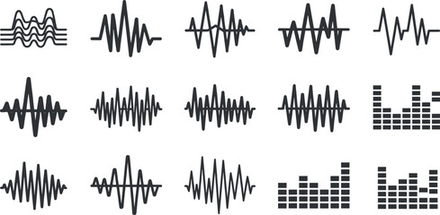 Obraz premium Abstract Audio Waveform and Sound Equalizer Icon Set for Music, Podcast, Voice Recording, Media Player, and Digital Audio Interface Designs