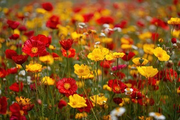 Obraz premium Vibrant flower meadow filled with stunning red and yellow blooms under a bright sky during springtime in a peaceful natural landscape