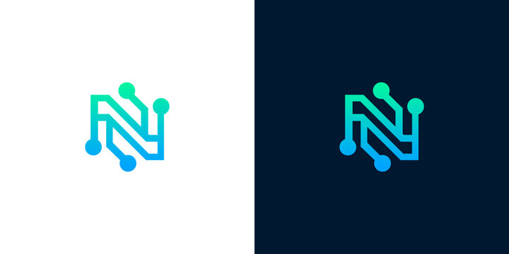 Modern Digital Letter N" logo design, sleek technology circuit connection concept, abstract futuristic network initial icon for business and tech brands, vibrant gradient blue green colors