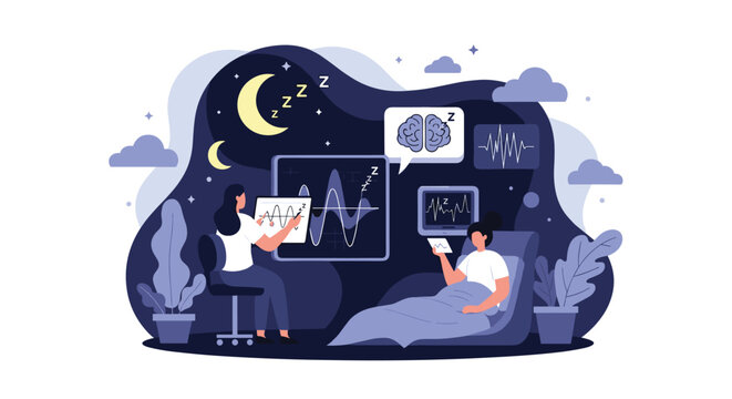 Doctor in a sleep laboratory analyzes a patient's brain waves and vital signs during a polysomnography test to diagnose potential sleep disorders.