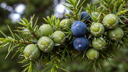 Juniper Berries on Branch with Leaves.