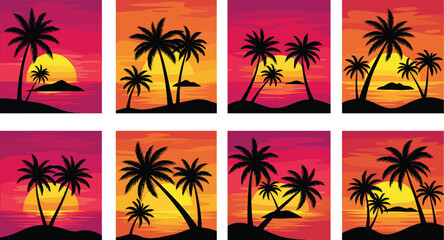 Set of tropical island sunset landscapes with black palm tree silhouettes, vibrant pink and orange sky, summer beach vacation backgrounds. © Fozila