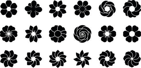 Abstract Black Floral Icon Set Featuring Geometric Flower Shapes, Circular Petal Patterns, and Decorative Botanical Symbols for Logos, Textiles, and Creative Design Projects