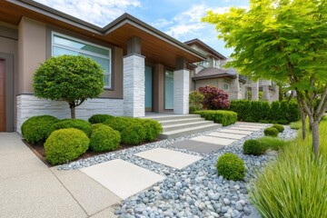 The front yard features a beautifully designed pathway that meanders through lush green plants, creating a welcoming atmosphere in this residential neighborhood